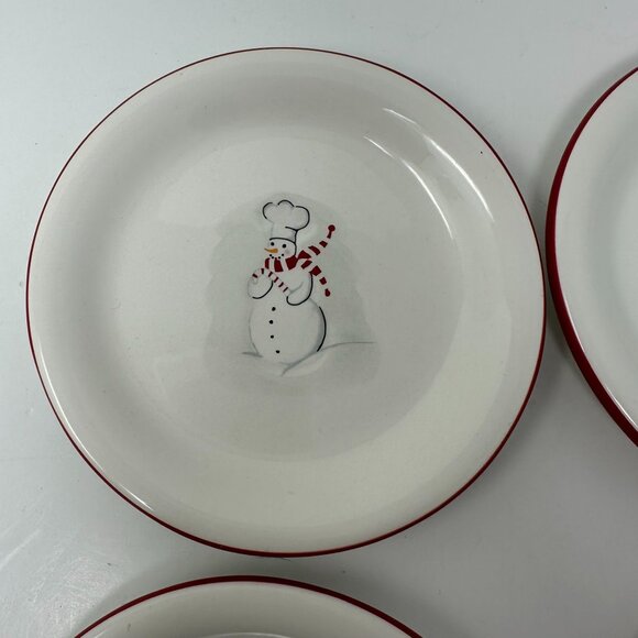 Williams Sonoma Outlet Snowman Chef Plates 6in Red Rim Winter Appetizer Set - Picture 15 of 16